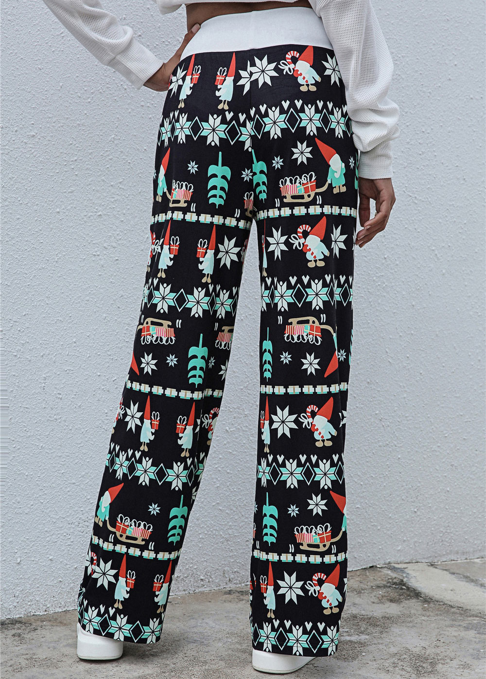 Christmas Print Drawastring High Waisted Pants