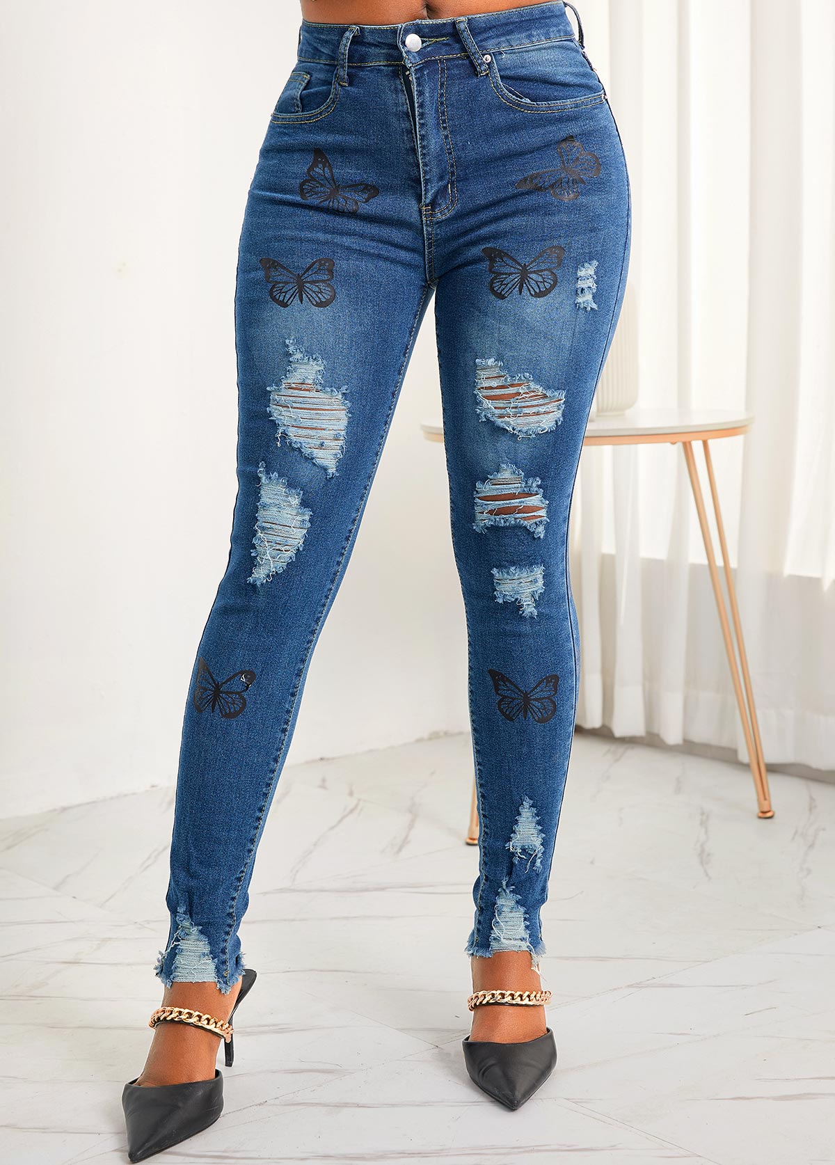 Blue Pocket Shredded Butterfly Print Jeans